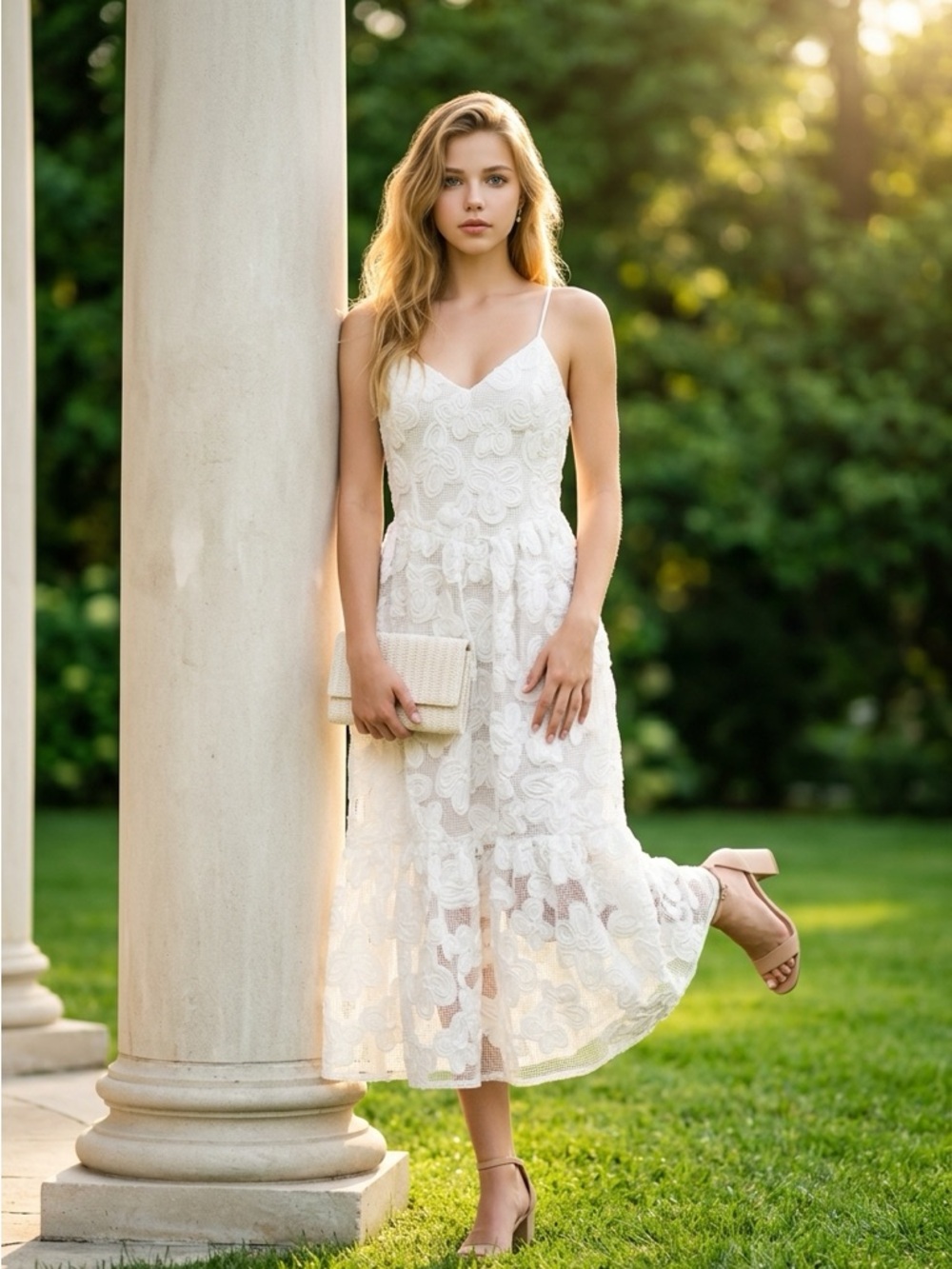 Just Me cream ivory boho princess midi dress spaghetti straps size small new - Picture 2 of 14